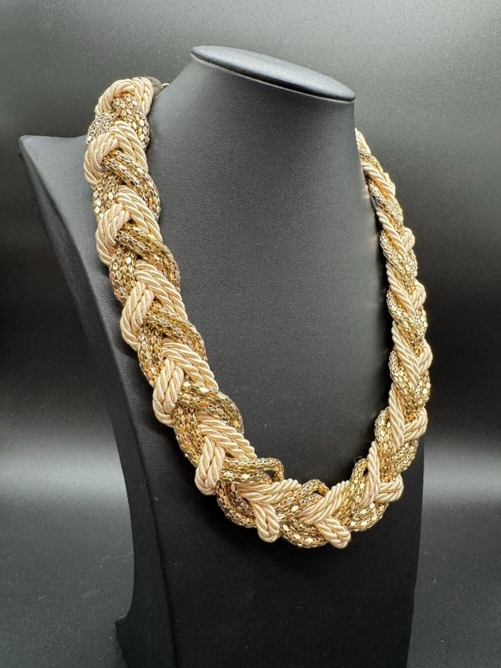 Statement Braided Necklace Cream Satiny Rope and Gold Tone Metal